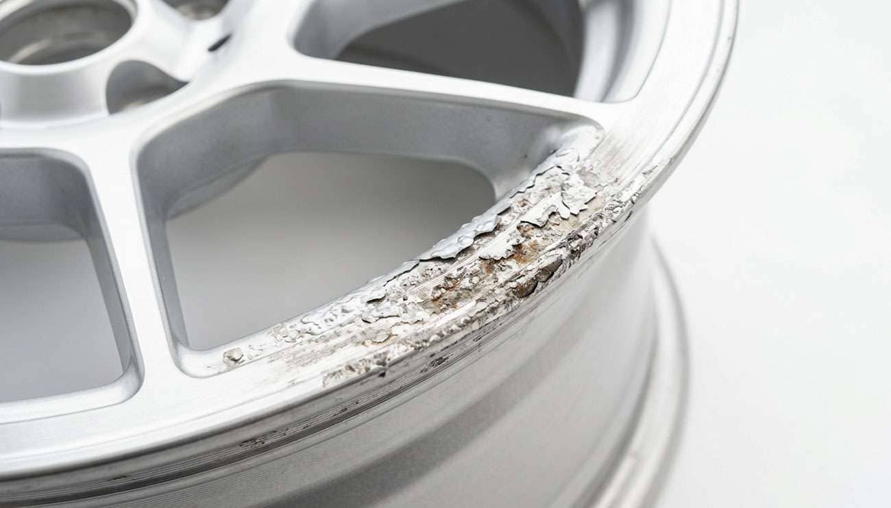 close-up of an aluminum wheel bead seat area showing blistered paint and white powdery corrosion where the tire bead seals against the rim