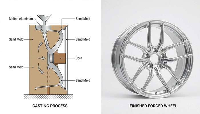 Diagram of casting molds next to a polished forged alloy wheel illustrating wheel manufacturing methods