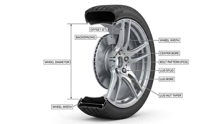 Diagram illustrating wheel measurement terms including offset, backspacing, diameter, width, center bore, bolt pattern, lug stud, lug bore, and lug nut taper