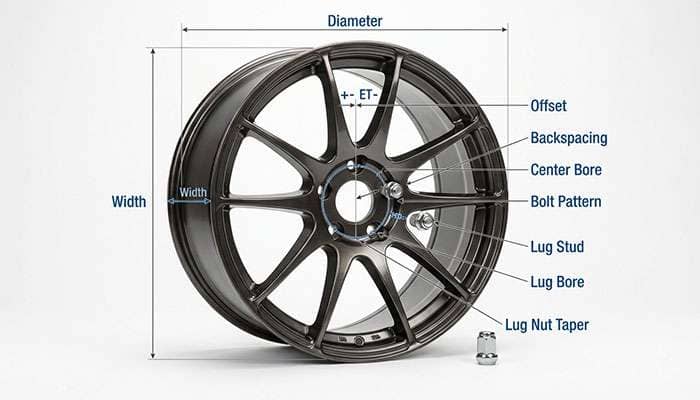 Diagram illustrating wheel measurement terms including offset, backspacing, diameter, width, center bore, bolt pattern, lug stud, lug bore, and lug nut taper