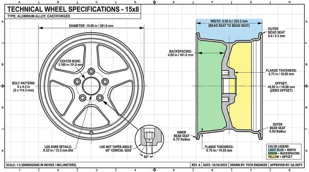 Detailed wheel measurement diagram showing offset backspacing diameter width center bore and bolt pattern