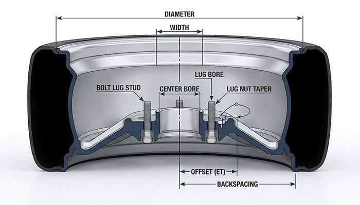 Diagram showing wheel measurement terms including width, diameter, offset, backspacing, center bore, bolt pattern, lug stud, lug bore, and lug nut taper