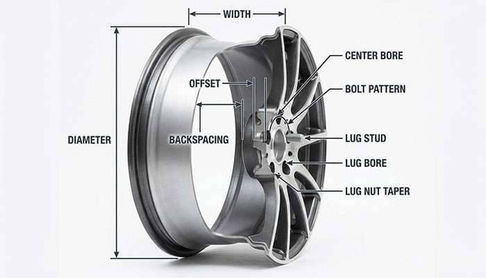 Diagram showing wheel measurement terms including backspacing, offset, diameter, width, center bore, bolt pattern, lug stud, lug bore, and lug nut taper