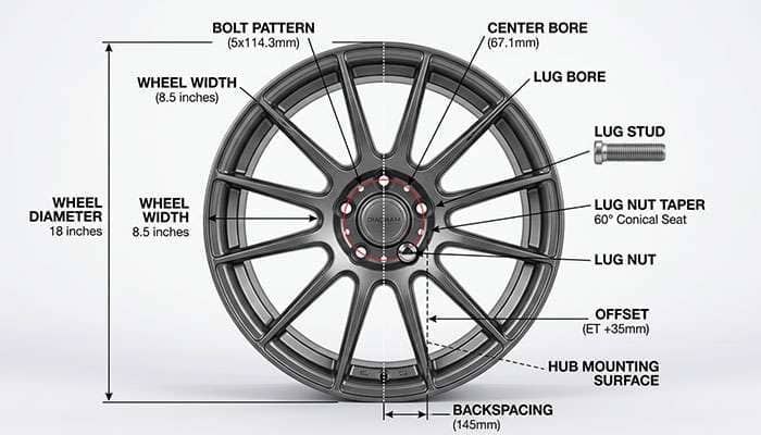 Diagram illustrating wheel measurement terms including offset, backspacing, diameter, width, center bore, bolt pattern, lug stud, lug bore, and lug nut taper.