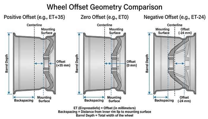 Diagram showing wheel centerline and backspacing for positive, zero, and negative wheel offsets on the street side