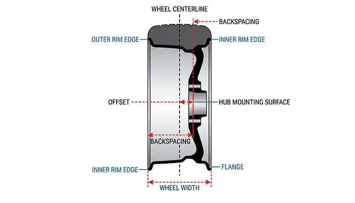 Diagram comparing offset and backspacing measurements for vehicle wheels by Dynamic Autoworks