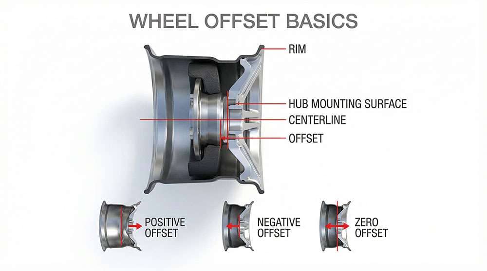 Diagram explaining wheel offset basics for beginners with labeled wheel parts and measurements by JEGS