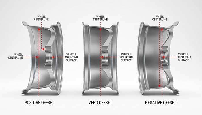 Diagram showing positive, zero, and negative wheel offsets relative to the wheel center and car side