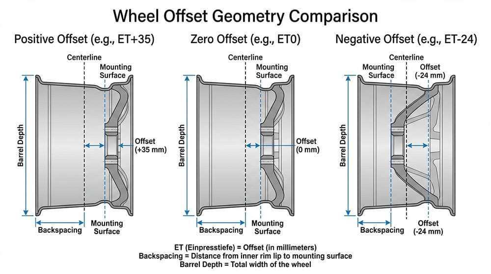 Diagram explaining positive, zero, and negative wheel offset with respect to the wheel centerline and backspacing