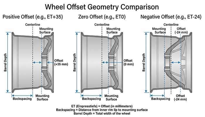 Diagram illustrating positive, zero, and negative wheel offsets in relation to the wheel centerline and backspacing