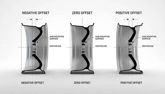 Diagram showing positive, zero, and negative wheel offset relative to the wheel center from car and street sides.
