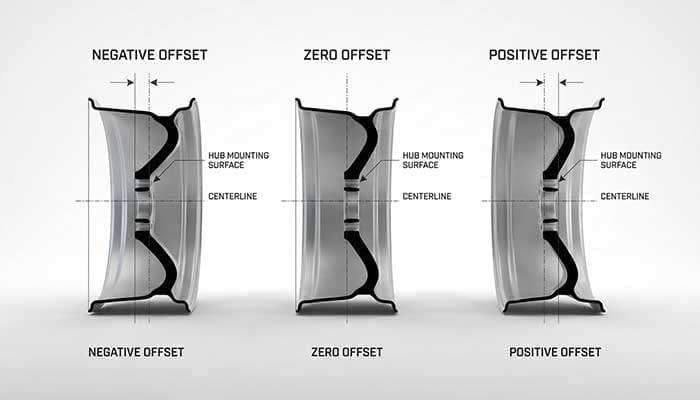Diagram showing positive, zero, and negative wheel offset relative to the wheel centerline and backspacing