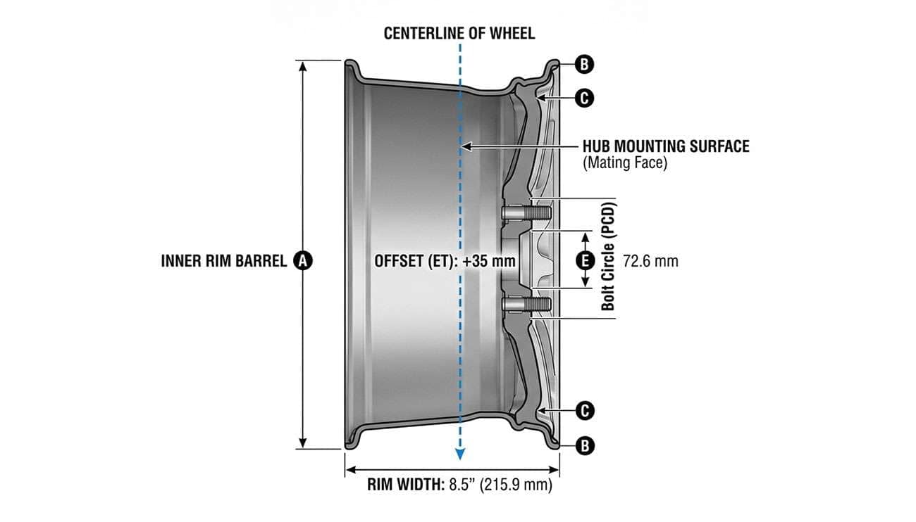 Diagram showing wheel offset as the distance from the hub mounting surface to the wheel centerline.