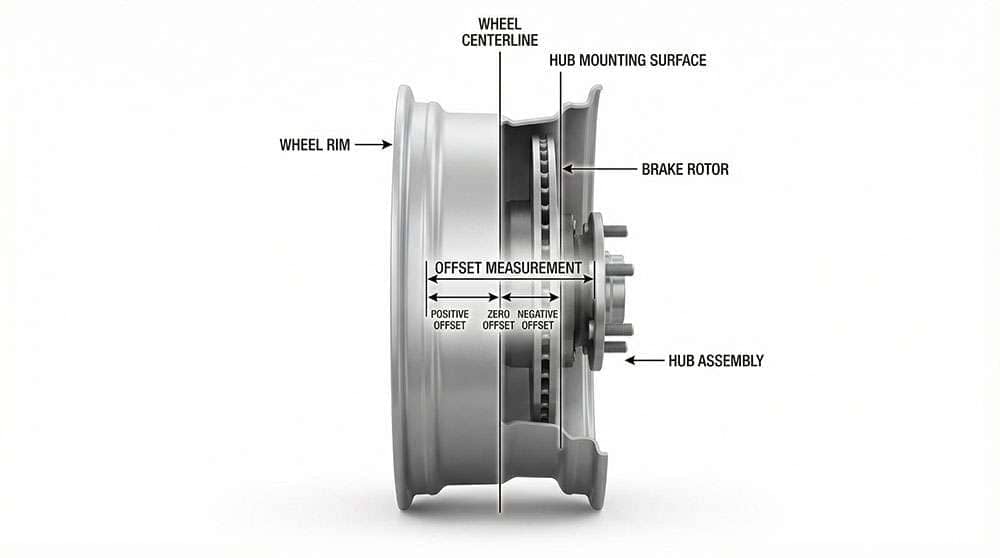 Diagram showing wheel offset as the distance between the hub mounting surface and the wheel's centerline