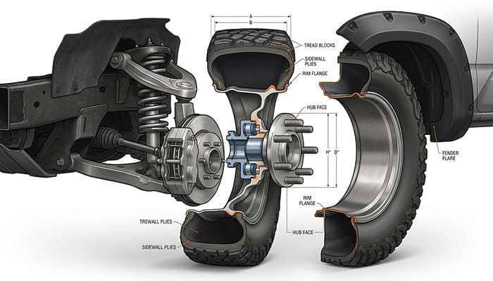 Cross-section view of a truck wheel and tire showing inboard reach toward the suspension and outboard reach toward the fender measured from the hub mounting face