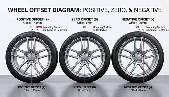 Diagram showing the difference between positive, zero, and negative wheel offset relative to the wheel centerline.