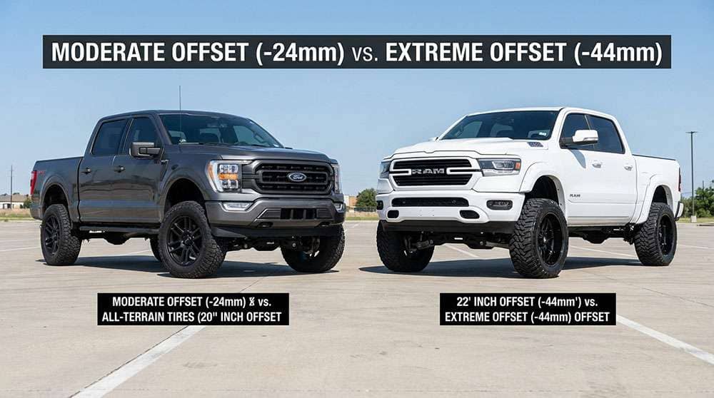 Visual comparison guide showing factory versus aftermarket wheel offset options for different vehicle types
