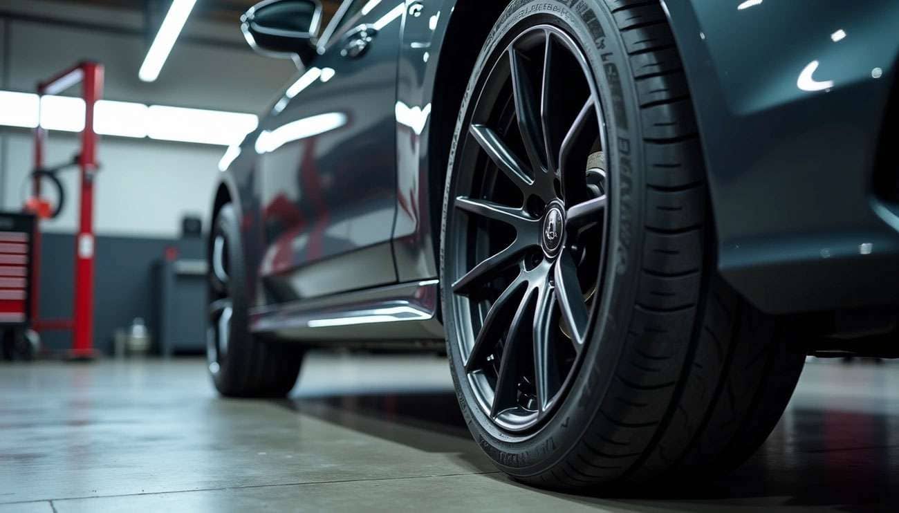 Close-up of a car's wheel and tire in a garage, highlighting the wheel offset's impact on tire wear