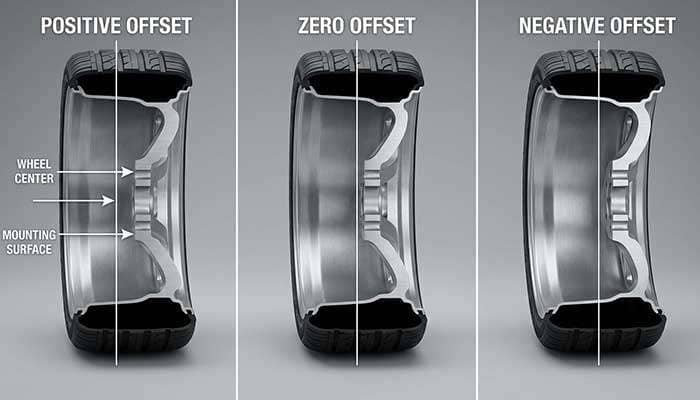 Diagram showing wheel offset types: positive, zero, and negative, with wheel center and side labels
