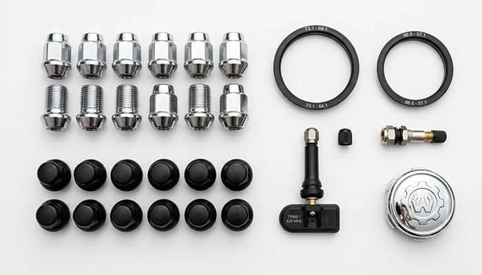Wheel package installation hardware including lug nuts hub centric rings and tire pressure sensors