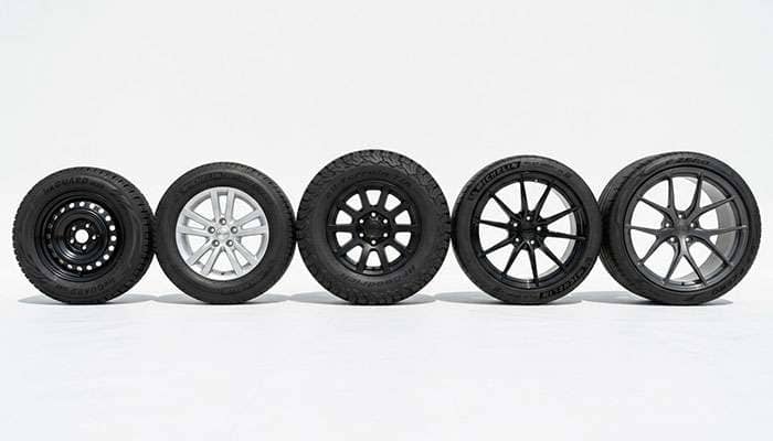 Comparison of five wheel and tire package builds showing differences in diameter width and offset