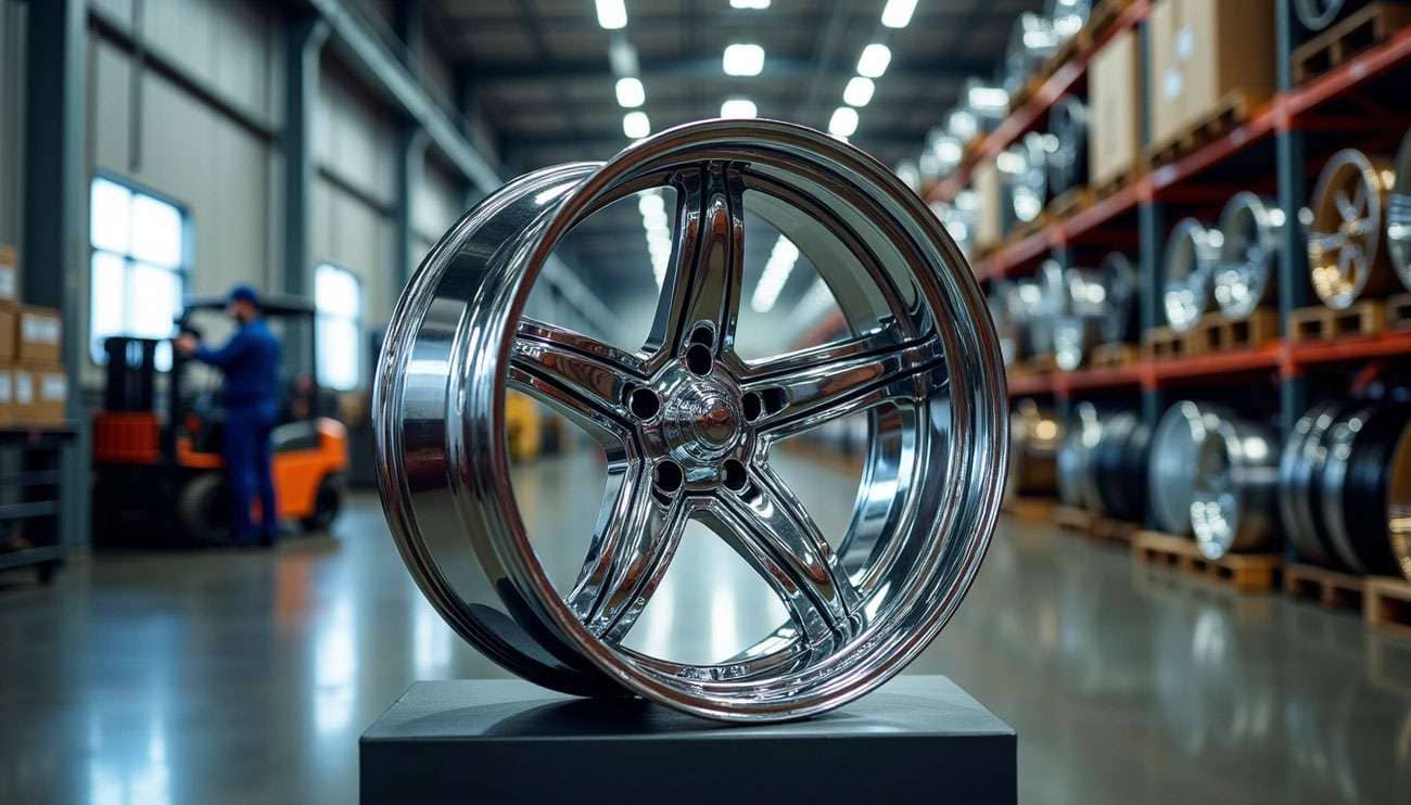 Custom chrome wheel rim displayed in professional automotive warehouse with extensive wheel inventory