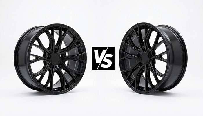 Comparison of 17-inch and 20-inch black alloy car rims with a 'vs' symbol between them