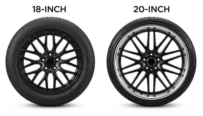 Comparison image showing 18-inch black rims on the left and 20-inch black and silver rims on the right