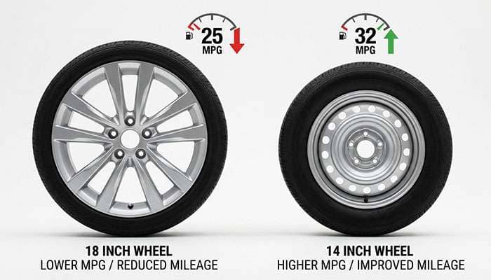 Comparison of 18 inch and 14 inch car wheels showing their impact on fuel efficiency and mileage