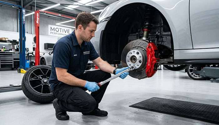 Mechanic installing a wheel spacer on a vehicle hub with torque wrench during proper fitting