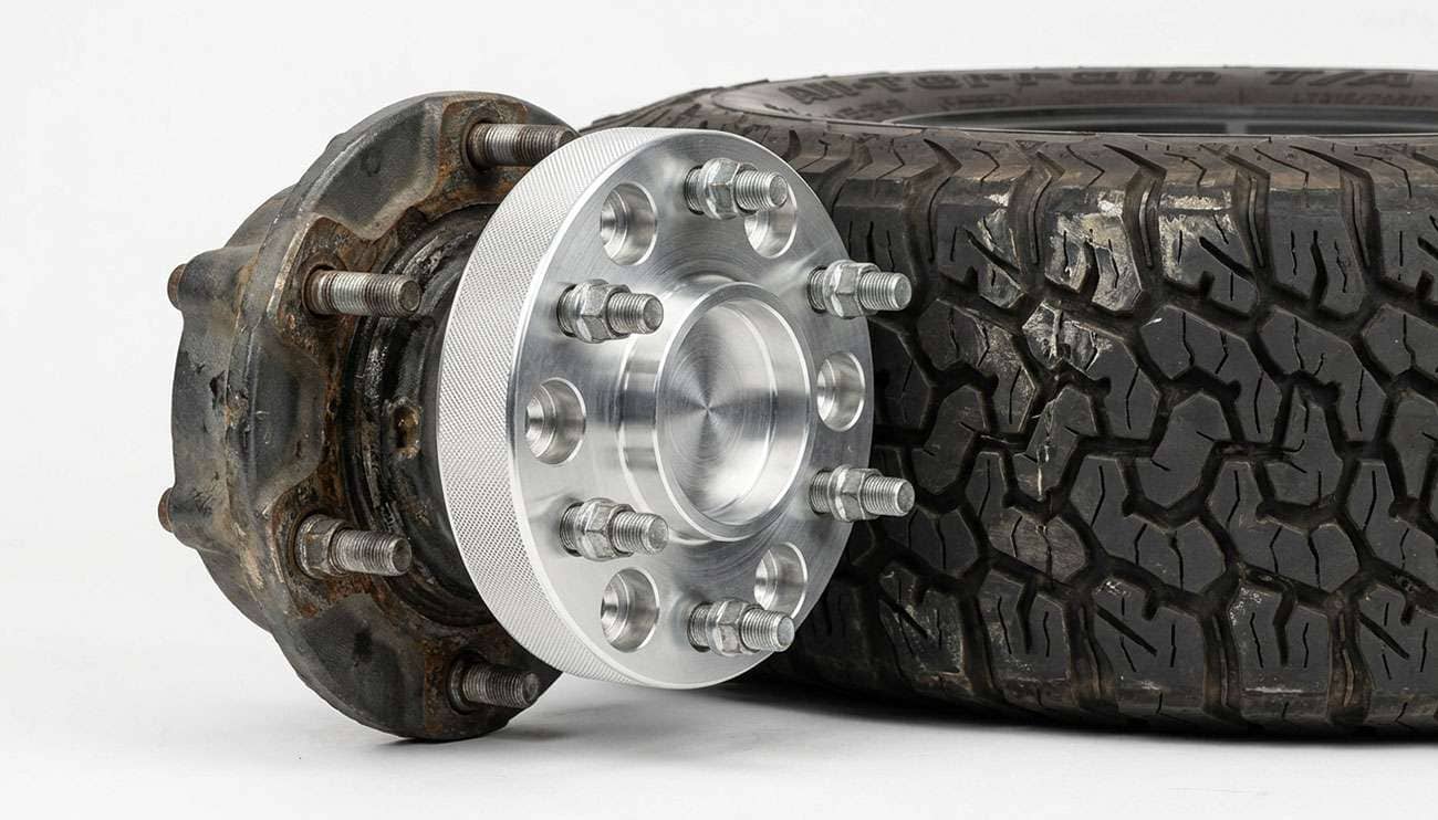 Hub-centric wheel spacer bolted to a pickup truck hub beside a tire with scuff marks on its shoulder