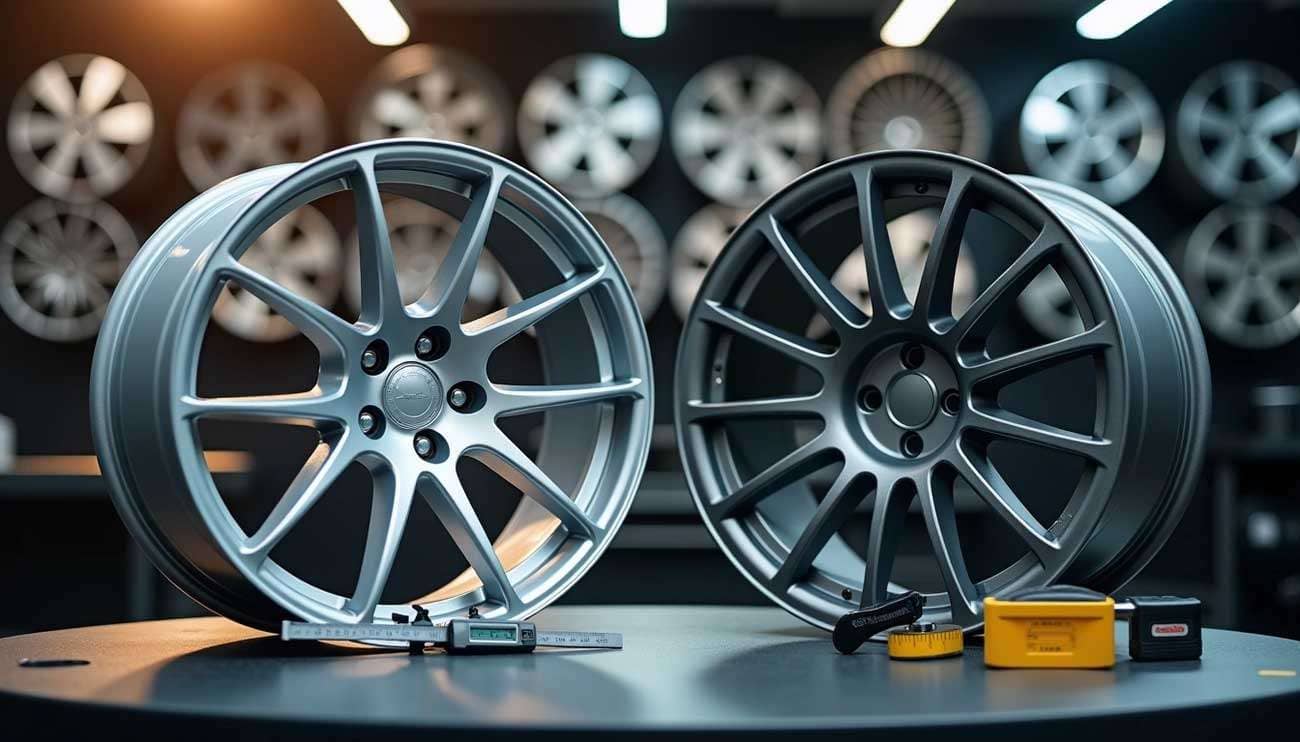 Two different car wheel rims displayed on a table with measuring tools in a wheel showroom