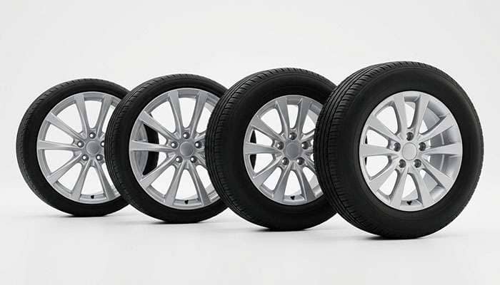 Two mounted wheel and tire assemblies of different diameters standing side by side