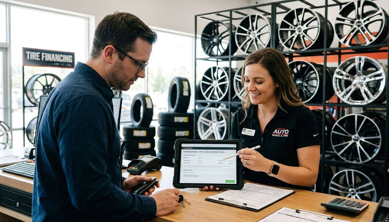 Customer at a tire shop counter reviewing wheel and tire financing paperwork on a tablet