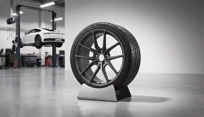 A performance wheel and tire displayed on a stand in a garage with a white car lifted in the background