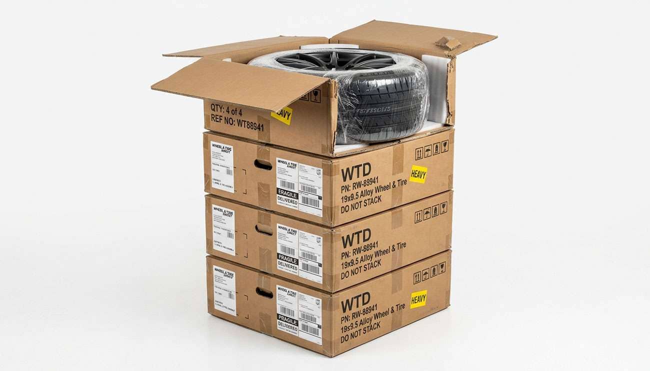 Wheel and tire package boxes delivered and stacked on a porch ready for inspection