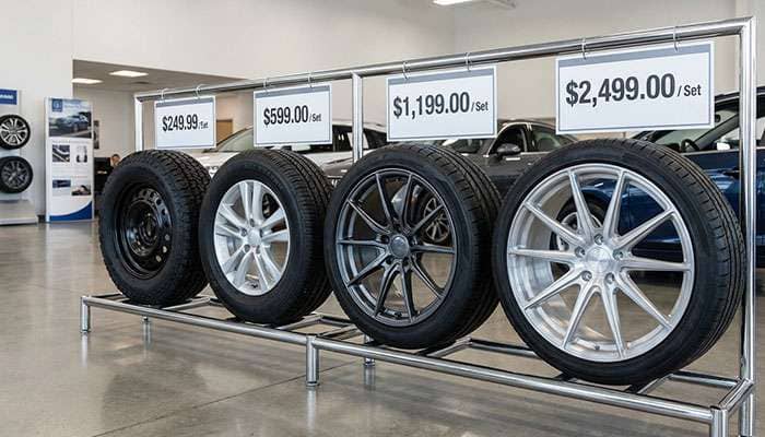 Various wheel and tire packages with visible price tags displayed in an automotive retail showroom