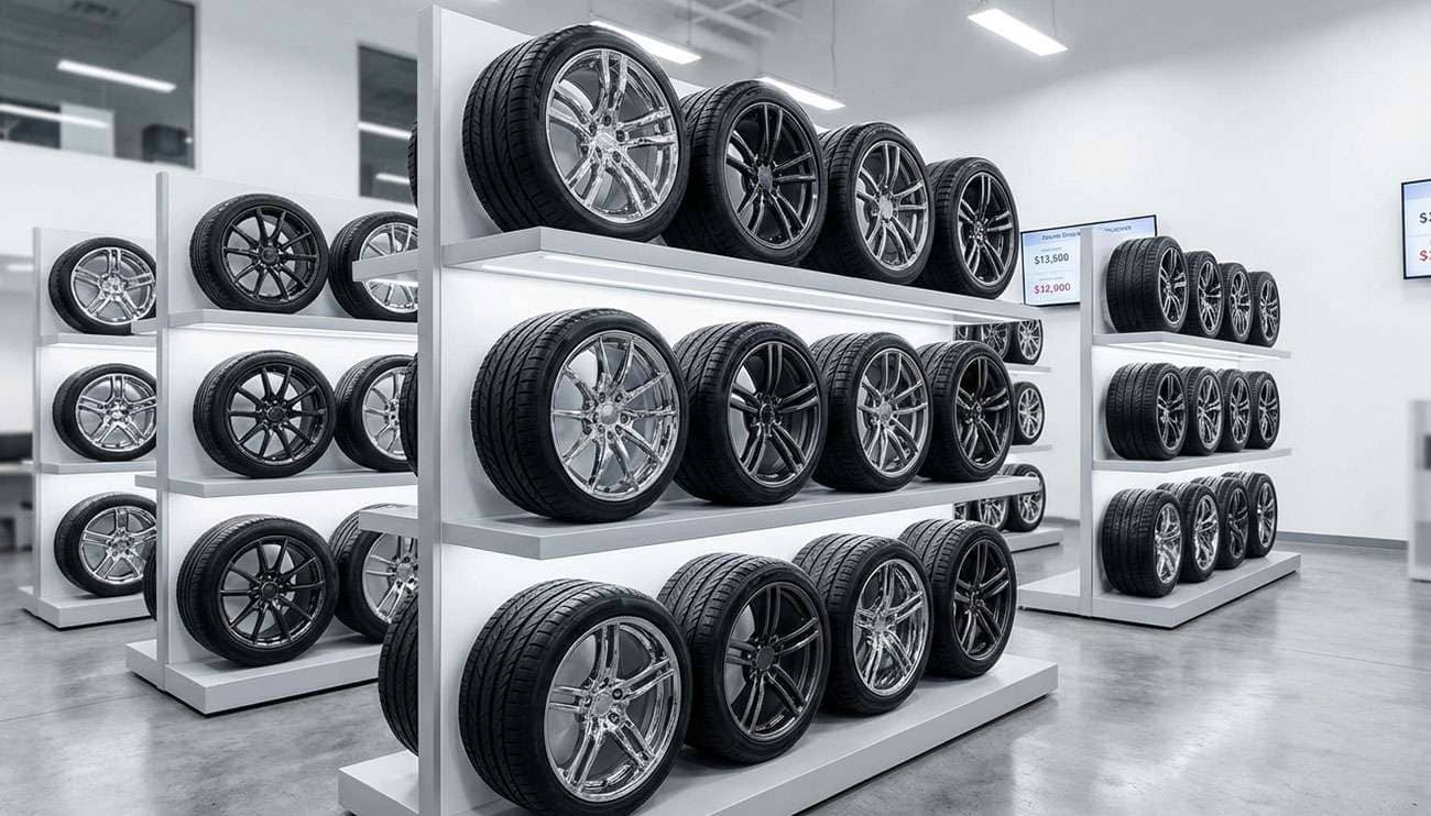 Rows of shiny new wheel and tire packages lined up in a bright automotive workshop for price comparison