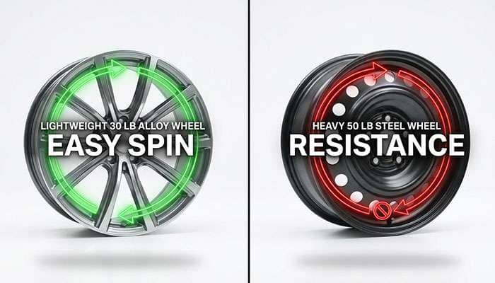 Comparison of car performance showing lighter 30 lb wheels with green rotation and heavier 50 lb wheels with red rotation arrows