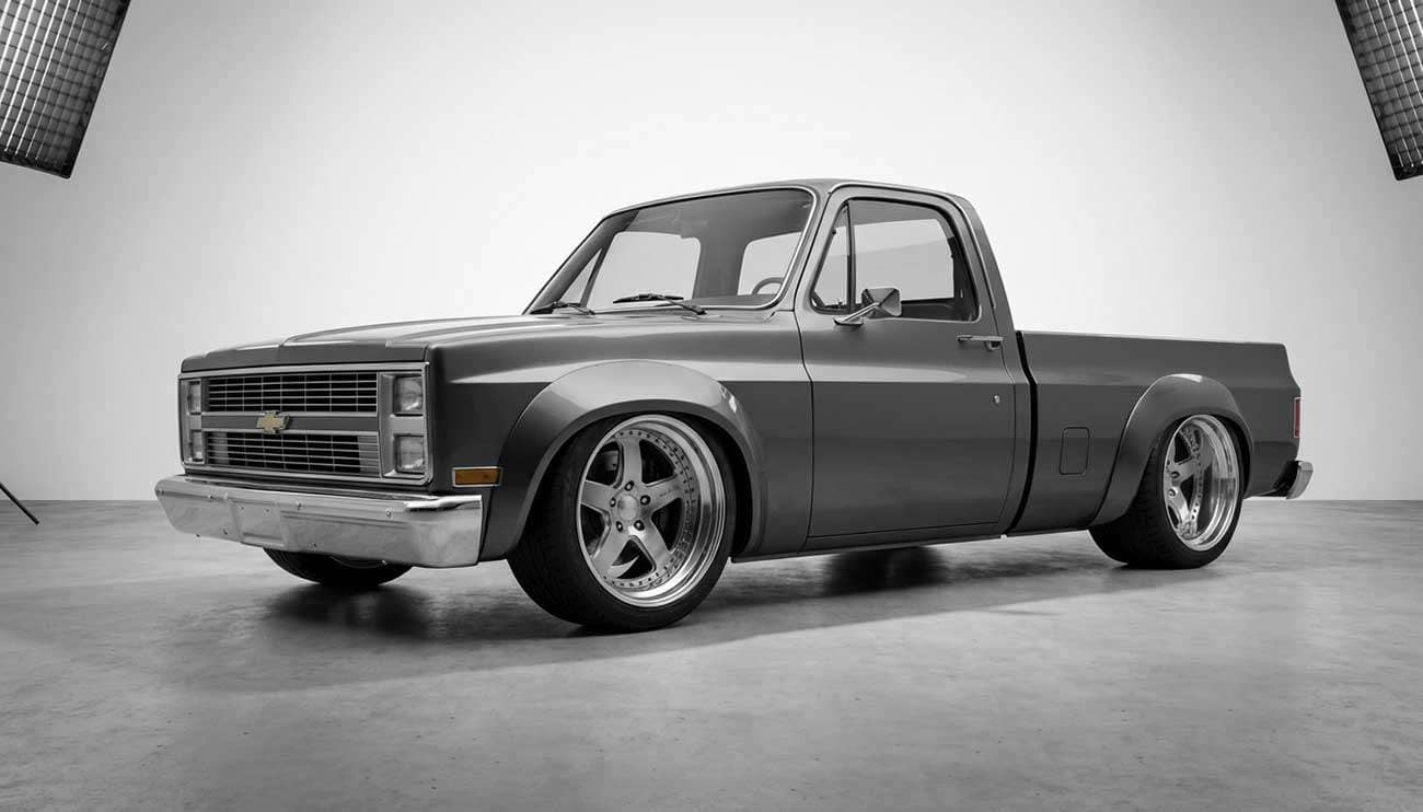 Custom lowered truck showcasing aftermarket wheel fitment and stance