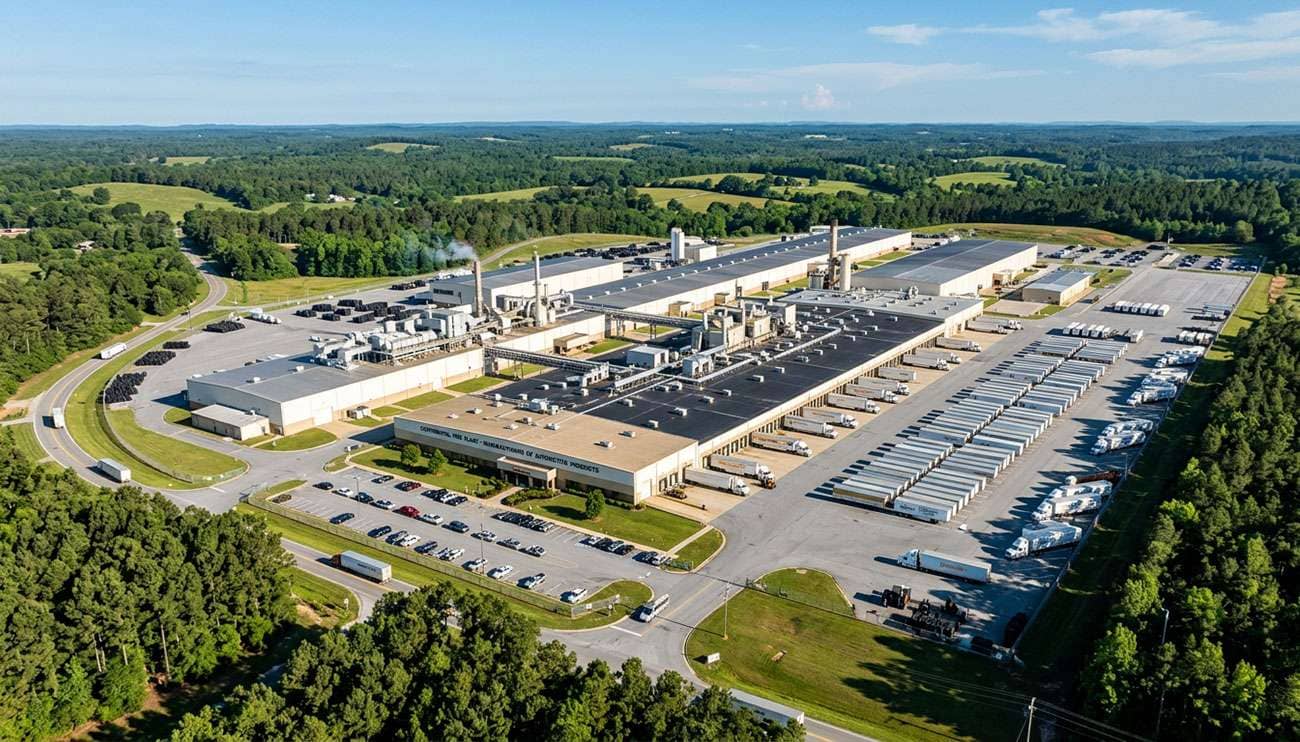 Large modern tire manufacturing plant surrounded by green Southern countryside