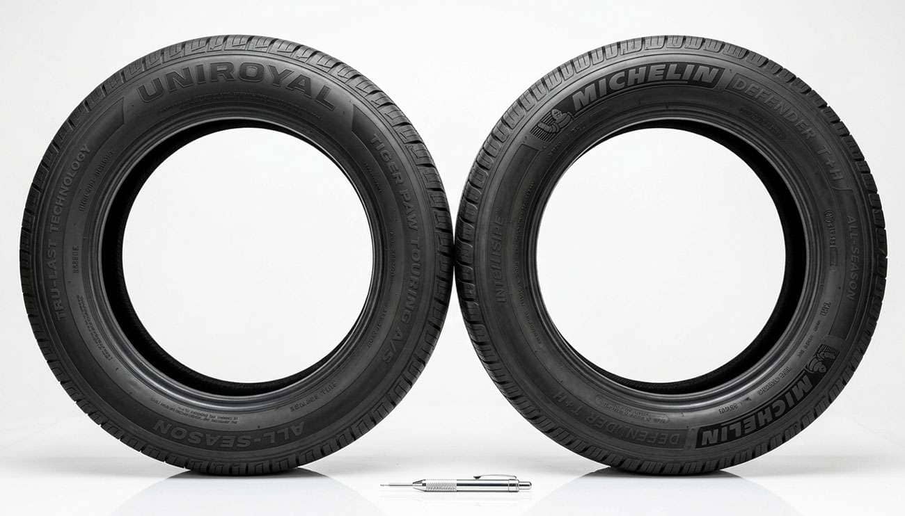 Uniroyal Tiger Paw Touring A/S and Michelin Defender T+H all-season tires side by side with a tread depth gauge