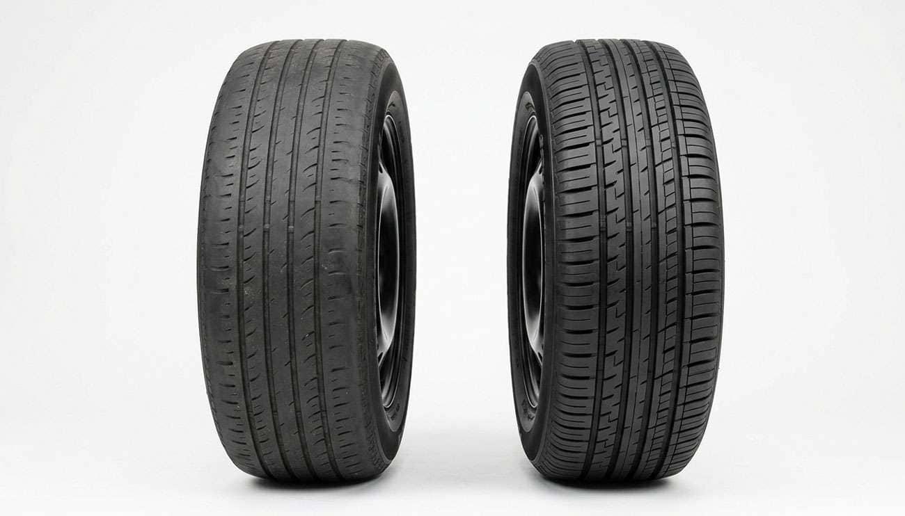 Front and rear tires from the same car side by side showing more tread wear on the front tire