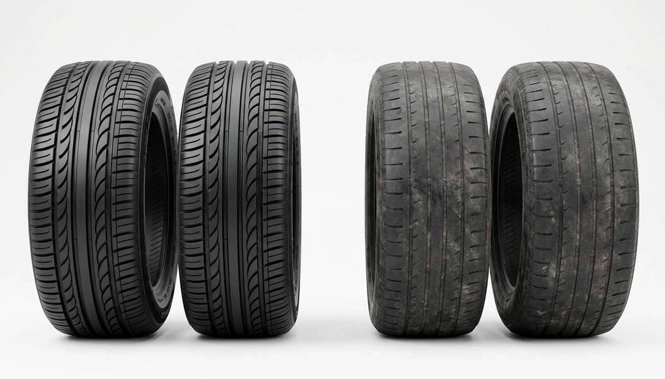 Two new tires next to two partly worn tires from the same car, ready to be paired for installation