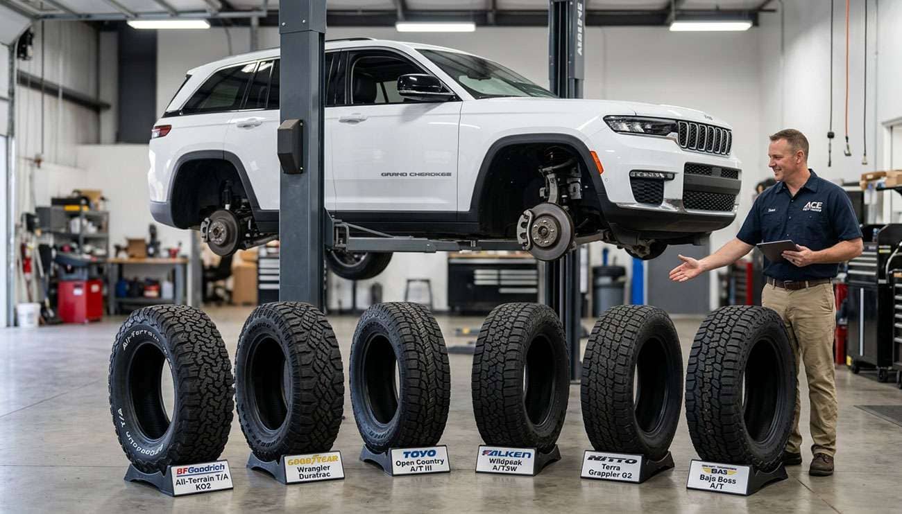 A white Jeep Grand Cherokee lifted in a garage with six different aftermarket tires displayed in front and a man explaining options.