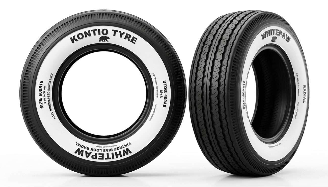 Kontio Tyre WhitePaw Vintage Bias Look Radial and Autobahn Bias Look Radial whitewall tires displayed side by side