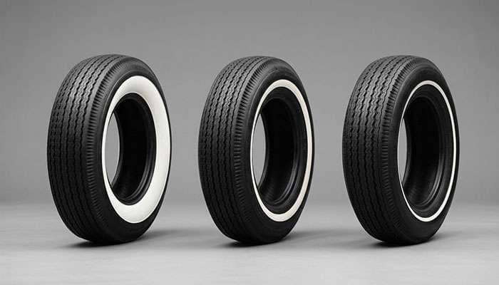 Comparison of three whitewall widths showing 4-inch wide, 2-inch medium, and narrow stripe configurations