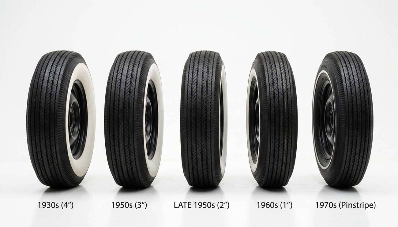 Five whitewall tires showing the progression of whitewall width from wide 1940s to narrow 1970s pinstripe on a clean white studio surface