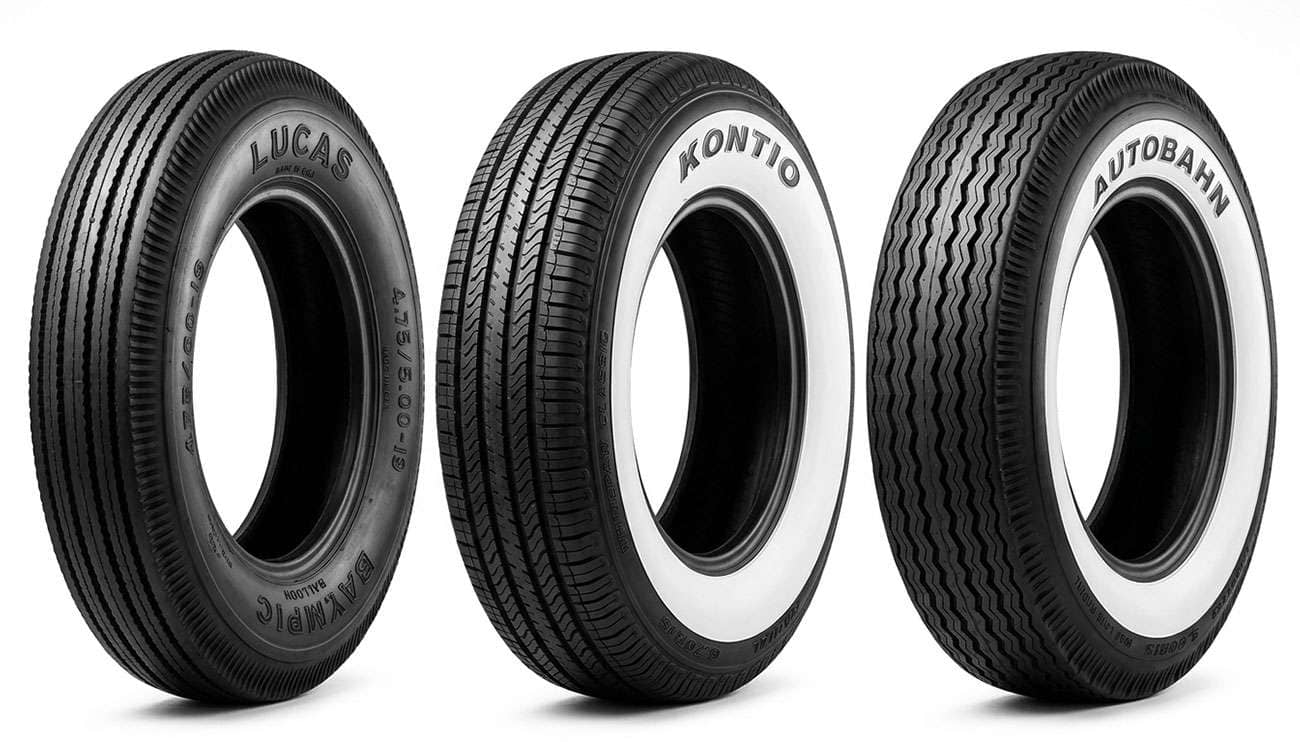 Lucas Olympic blackwall antique tire, Kontio WhitePaw Classic wide whitewall radial and Autobahn bias look radial whitewall tire lined up side by side