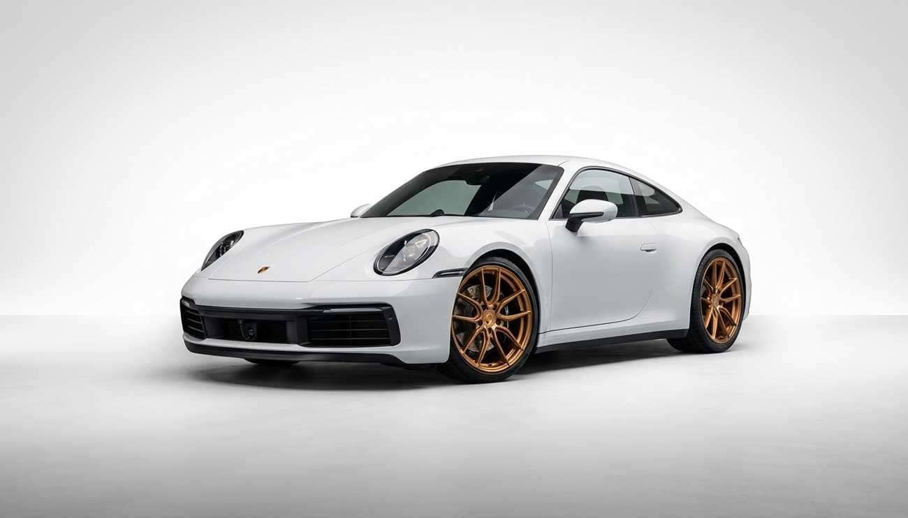 Bronze wheels on white sports car showing warm metallic contrast in professional studio setting